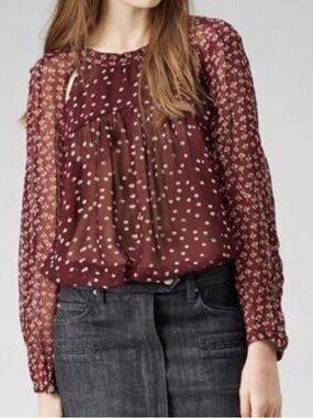 Isabel Marant Etoile Presley Cut Out Polka Dot Floral Maroon Sheer Blouse Top S